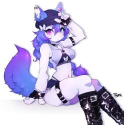 blue_eyes bow buckle choker crispytyph denim_shorts ear_piercing fingerless_gloves frilled_gloves frills fur furry furry_tail gloves leather leather_boots lollipop looking_at_viewer purple_eyes purple_hair purple_tail tail text typh white_hair