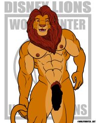 1boy 1male abs balls_outline big_penis cartoony censored_penis disney erection facial_hair male male_nipples male_only male_pubic_hair masculine mature_male muscles muscular_male pecs simba smile smiling smooth_skinned_male solo the_lion_king veiny_penis white_background wolffhunter_art yaoi