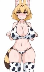 1girls 4_ears animated blonde_female blonde_hair bouncing_breasts breasts cleavage clothing cow_print dancing female female_only kemono_friends light-skinned_female meme music sad_cat_dance sangchussam serval_(kemono_friends) solo sound video