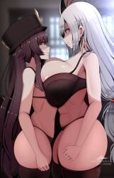 2girls ass ass_size_difference astraea_(atelierastraea) asymmetrical_docking blue_eyes bra breast_envy breast_size_difference breast_to_breast breasts brown_eyes brown_hair female genshin_impact glaring height_difference hi_res hips hu_tao_(genshin_impact) huge_breasts large_ass light-skinned_female light_skin long_hair navel panties petite petite_body shaded_face shenhe_(genshin_impact) side_view size_fetish slim_waist small_breasts thick_thighs thighs twintails voluptuous white_hair wide_hips