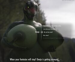 1girls 2022 3d 3d_(artwork) anthro areola areolae argonian belly belly_button bethesda_softworks big_breasts blurry_background blush blushing blushing_at_viewer breast_grab breasts busty coolmaster98 deeja dialogue dialogue_options english english_dialogue english_text eye_contact female female_focus female_only grabbing grabbing_breasts hands_on_breasts hi_res high_resolution highres holding_breast horn horns hud huge_breasts large_breasts looking_at_viewer looking_down looking_down_at_viewer low-angle_view naked naked_female navel nipples nude nude_female outdoors outside pov pov_eye_contact scalie skyrim solo solo_female solo_focus stomach talking talking_to_viewer text text_box the_elder_scrolls topless yellow_eyes yellow_sclera