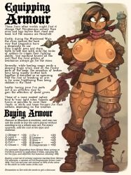 areolae armor armwear barbarian belt belt_buckle belt_straps bikini boots brown_hair casual character_sheet dark-skinned_female dark_skin earrings elf elf_ears elf_female elf_girl exposed_breasts female freckles freckles_on_breasts freckles_on_chest freckles_on_face gloves grey_streaks halter_top hammer huge_breasts human jack_cayless legwear long_lashes lore nipples ripped_stockings scarf shagahol straps text violence war_hammer warrior weapon