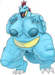 2022 anthro areola belly big_breasts blue_areola blue_body blue_nipples blue_pussy blue_scales breasts claws crocodilian deep_navel female feraligatr finger_claws front_view full-length_portrait generation_2_pokemon genitals hi_res lipstick makeup navel nintendo nipples nude open_mouth overweight overweight_anthro overweight_female pdxyz pokemon pokemon_(species) pokemorph portrait pussy reptile scales scalie simple_background solo thick_thighs toe_claws video_games white_background