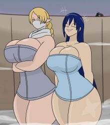 blue_hair greninja happy huge_breasts huge_thighs igphhangout mizu_(igphhangout) pokemon pokemon_(species) sheikah the_legend_of_zelda tight_clothing towel_only