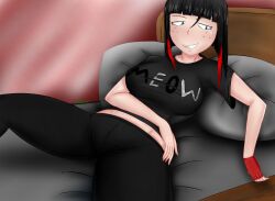 adshtorm big_breasts black_clothing black_hair blue_eyes oc red_hair