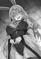 1girls big_breasts black_and_white blush bunny_ears bunny_girl cameltoe cleavage clothed covered_erect_nipples curvy erect_nipples_under_clothes female female_only in_heat kaifuku_jutsushi_no_yarinaoshi lapiz_(kaifuku) large_breasts long_hair looking_at_viewer monochrome nipple_bulge novel_illustration official_art pussy_juice rabbit_ears rabbit_girl redo_of_healer shiokonbu smile solo tagme thick_thighs thighs voluptuous wavy_hair wide_hips