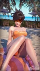 1girls 3d beach beach_towel beach_umbrella blender blizzard_entertainment brown_hair clothed clothing detailed_background female female_focus female_only headgear headwear lena_oxton lifeguard_tracer light-skinned_female light_skin orange-tinted_eyewear overwatch overwatch_2 palm_tree pose posing presenting sand sitting solo sunlight swimsuit swimwear tinted_eyewear tracer visor watermark xordel