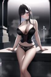 ai_generated big_breasts black_hair blush clothed corset detailed_background female foggy frilly_panties goth graveyard light_skin long_hair looking_away nai_diffusion nail original solo solo_female solo_focus stable_diffusion