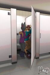 3d_(artwork) against_surface against_wall anal anal_sex anatomically_correct anatomically_correct_genitalia animal_genitalia animal_penis anthro ass bathroom blush blush_lines bottomwear canid canine canine_penis canis clothed clothing condom digital_media_(artwork) dobermann domestic_dog dropped_pants duo erection genitals hi_res kai_(mynka) knot lifting_up lutrine lutrine_penis male male/male male_penetrated male_penetrating male_penetrating_male mammal marius_(mynka) mustelid mynka open_mouth partially_clothed penetration penis pinscher public_restroom restroom_stall romantic romantic_couple safe_sex sex sexual_barrier_device unbuckled_belt underwear wearing_condom