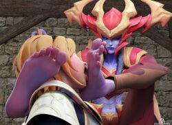 2girls 3d asagamiyo barefoot black_toenails dragon_girl feet feet_licking femdom foot_fetish foot_licking foot_worship league_of_legends luxanna_crownguard purple_skin shyvana soles