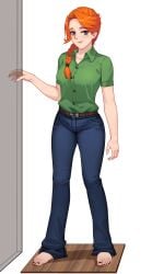 1girls barefoot black_toenails breasts exposed_feet feet female female_only ginger ginger_hair green_shirt human human_only leah_(stardew_valley) light-skinned_female light_skin looking_at_viewer no_shoes orange_hair purple_eyes red_hair shoes_removed short_sleeves smile smiling_at_viewer solo stardew_valley toenail_polish toenails toes wd1113