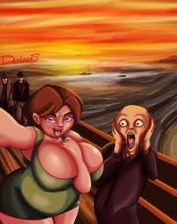 1girls alien bald bbw big_breasts boat breasts brown_hair chubby chubby_female classic cleavage desiaries dock evening extraterrestrial female fine_art_parody funny hat horizon huge_breasts lmao looking_at_viewer open_mouth photografic_proof picture pier scream screaming sea seaside selfie shocked shocked_expression size_difference smile sunset the_scream thedesiaries tongue water