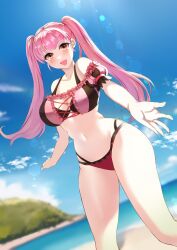 alternate_costume bikini breasts female female_only fire_emblem fire_emblem:_three_houses fire_emblem_heroes hilda_valentine_goneril hilda_valentine_goneril_(summer) looking_at_viewer nintendo official_alternate_costume open_mouth outdoors pink_bikini pink_hair pink_swimsuit solo swimsuit tara_(szzj7733)