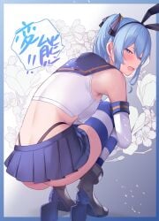 alternate_costume blue_eyes blue_hair blush cosplay crop_top elbow_gloves female gloves hair_ribbon high_heels highres hololive hololive_gen_0 hololive_japan hoshimachi_suisei kantai_collection looking_back miniskirt ribbon sailor_collar shimakaze_(kantai_collection) shimakaze_(kantai_collection)_(cosplay) side_ponytail skirt sleeveless solo squatting striped striped_thighhighs thighhighs thong virtual_youtuber yoshiheihe zettai_ryouiki