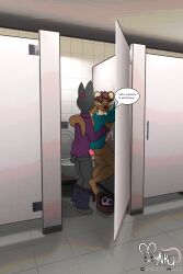 3d_(artwork) against_surface against_wall anal anal_sex anatomically_correct anatomically_correct_genitalia animal_genitalia animal_penis anthro ass bathroom blush blush_lines bodily_fluids bottomwear canid canine canine_penis canis clothed clothing comic condom cum cum_drip cum_in_ass cum_inside cum_on_penis cum_string cumshot dialogue digital_media_(artwork) dobermann domestic_dog dripping dropped_pants duo ejaculating_cum ejaculation ejaculation_while_penetrated english_text erection genital_fluids genitals hi_res kai_(mynka) knot leaking_cum lifting_up lutrine lutrine_penis male male/male male_penetrated male_penetrating male_penetrating_male mammal marius_(mynka) mustelid mynka open_mouth partially_clothed penetration penis pinscher public_restroom restroom_stall romantic romantic_couple safe_sex sex sexual_barrier_device text unbuckled_belt underwear wearing_condom