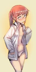 1girls bottomwear bow_(bhp) breasts eyewear female female_only glasses kobayashi miss_kobayashi's_dragon_maid nipples one_breast_out open_shirt panties red_eyes red_hair shirt small_breasts solo solo_female thighs white_shirt