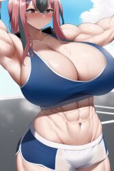 1girls abs ai_generated armpits arms_up azur_lane biceps blue_tank_top blush bremerton_(azur_lane) bremerton_(scorching-hot_training)_(azur_lane) cleavage dolphin_shorts midriff muscular muscular_arms muscular_female muscular_thighs nai_diffusion red_eyes red_hair short_shorts shorts stable_diffusion steam steaming_body sweat tank_top thick_thighs voluptuous voluptuous_female