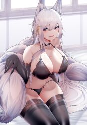 1girls azur_lane blue_eyes breasts cleavage female fluffy_ears fluffy_tail fox_ears fox_girl fox_tail hi_res huge_breasts indoors kitsune light-skinned_female light_skin lingerie long_hair looking_at_viewer samip shinano_(azur_lane) smile tail thighhighs white_fur white_hair