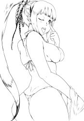 1girls ass ass_cleavage big_ass big_breasts bikini breasts bubble_butt busty butt_crack dat_ass dimples_of_venus female female_only hair_ribbon highres large_breasts long_hair looking_at_viewer looking_back majikina_mina mocking monochrome one_eye_closed open_mouth ponytail ribbon samurai_shodown sensual sideboob smile snk swimsuit thong_bikini tongue tongue_out voluptuous