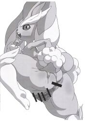 2012 3_fingers anthro anus ass bekei big_anus big_butt black_sclera breasts buckteeth butt_grab censor_bar censored erect_nipples female fingers fur generation_4_pokemon genitals hand_on_butt hi_res lagomorph looking_at_viewer lopunny mammal monochrome nintendo nipples pointy_breasts pokemon pokemon_(species) pussy simple_background small_breasts solo spread_legs spreading teeth thick_thighs video_games white_background