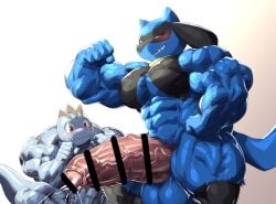 abs biceps censored censored_penis furry gay hyper hyper_balls hyper_genitalia hyper_penis hyper_testicles kurogonart machop male male_focus male_only muscle muscles muscular muscular_arms muscular_ass muscular_back muscular_legs muscular_male muscular_thighs nipples pecs pokemon riolu tail veins veiny_penis