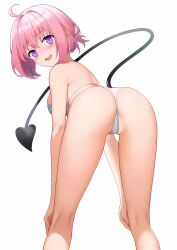 ahoge ass bent_over black_tail blue_bra blush bra demon_tail eyebrows_visible_through_hair highres kanata_(chack_fastener) legs looking_at_viewer looking_back momo_velia_deviluke open_mouth panties pink_hair purple_eyes raised_eyebrows short_hair smile tail to_love-ru white_background white_panties