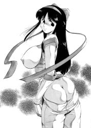 1994 1girls ainu_clothes ass ass_cleavage big_ass big_breasts breasts breasts_out busty butt_crack clothes_pull dat_ass female female_only fingerless_gloves gloves hair_ribbon highres huge_breasts large_breasts long_hair looking_at_viewer looking_back monochrome nakoruru nipples pants pants_pull ribbon samurai_shodown sideboob smile snk solo tokisaka_mugi voluptuous