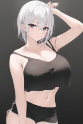 1girls ai_generated baggy_clothing big black_eyes black_sports_bra breasts dolphin_shorts female hands_behind_head huge_breasts loose_clothes nai_diffusion original_character roblox roblox_avatar self_upload short_hair stable_diffusion white_hair