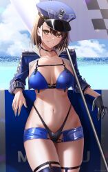 1girls arm_support azur_lane baltimore_(azur_lane) baltimore_(finish_line_flagbearer)_(azur_lane) bangs beach belly belly_button bikini black_bikini black_glove black_thighhighs blue_bikini blue_headwear blue_jacket blue_sky blush blush_lines blushing_at_viewer breasts brown_hair choker cleavage collarbone cropped_jacket female female_focus female_only flag glove grin grinning grinning_at_viewer hat high_resolution highleg highleg_bikini highres ironatsuki jacket light-skinned_female light_skin long_sleeves looking_at_viewer medium_breasts micro_shorts mismatched_bikini navel ocean official_alternate_costume only_female painted_fingernails queen race shiny shiny_clothes shiny_hair shiny_skin short_hair shorts single_glove sky smile smiling smiling_at_viewer solo stomach swimsuit thighhighs thighs yellow_eyes