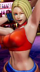 1girls 3d armpits arms_behind_head big_breasts blonde_hair blue_eyes blue_mary breasts busty fatal_fury female female_only happy highres king_of_fighters large_breasts looking_at_viewer midriff navel one_eye_closed open_mouth pants pose sensual sexy_armpits short_hair smile snk source_request wink