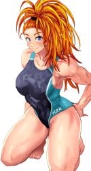 1girls abs adjusting_clothes adjusting_swimsuit bandaid bare_legs bare_shoulders barefoot biceps big_breasts black_swimsuit blue_swimsuit blush breasts captain_mizuki daraz18aka hi_res light-skinned_female light_skin long_hair looking_at_viewer muscular muscular_arms muscular_female muscular_legs on_knees one-piece_swimsuit one-punch_man orange_hair pinup ponytail purple_eyes simple_background smile swimsuit swimsuit_pull thick_thighs tight_clothing two-tone_swimsuit very_long_hair water wet white_background