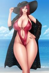 1girls baru_(val-val) beach beach_hat big_breasts blue_eyes cleavage female female_only fiore fiore_(baru) giant_breasts highleg highleg_swimsuit hourglass_figure huge_breasts long_hair long_legs long_nails massive_breasts one-piece_swimsuit original original_character pouty_lips red_hair smile solo solo_female swimsuit thick_lips thick_thighs thighs voluptuous voluptuous_female wide-brimmed_hat wide_brim_hat wide_hips