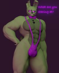 1boy 3d 3d_(artwork) annoyed anthro anxiboi bara buldge bunny bunny_ears bunny_tail clothed clothing five_nights_at_freddy's five_nights_at_freddy's_3 furry furry_ears gay green_fur hand_on_hip hi_res male male_only muscular pose posing purple_eyes sling_bikini solo springtrap springtrap_(fnaf) tagme tail text