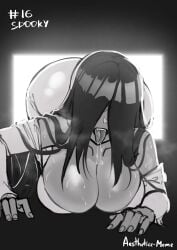 1girls aestheticc-meme artist_signature ass big_ass big_cleavage black_and_white black_hair bottomless breasts bubble_butt cleavage coming_out_of_tv female female_only ghost ghost_girl hanging_breasts hi_res huge_ass huge_breasts long_hair the_ring voluptuous yamamura_sadako