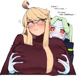 2girls alma_armas big_breasts blonde_hair blush breasts cd_projekt_red clothed clothing cyberpsychosis cyberpunk:_edgerunners cyberpunk_2077 dialogue english_text female female_only funny glasses green_hair grope groping groping_breasts groping_from_behind large_breasts netflix ohasi open_mouth rebecca_(edgerunners) red_sclera simple_background sweater text va-11_hall-a white_background yuri