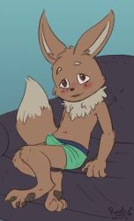 2020 3_toes 4_fingers anthro barefoot big_ears big_tail biped blue_background blue_seam_boxer_briefs blue_seam_underwear blush blush_lines bodily_fluids boxer_briefs boxer_briefs_only brown_body brown_ears brown_eyes brown_feet brown_fingers brown_fur brown_nose brown_pawpads brown_paws brown_toes canid canine clothed clothed_anthro clothed_male clothing colored_seam_underwear dated digital_media_(artwork) digitigrade dipstick_tail eevee erection erection_under_clothing eyebrows feet fingers fur fur_markings fur_tuft furniture generation_1_pokemon genital_fluids green_boxer_briefs green_clothing green_underwear hindpaw leaking_precum looking_at_viewer male male_anthro mammal markings navel neck_tuft nintendo on_furniture on_sofa open_mouth partially_clothed partially_clothed_anthro partially_clothed_male pawpads paws pokemon pokemon_(species) precum precum_through_clothing precum_through_underwear rodicle signature simple_background sitting sitting_on_furniture sitting_on_sofa sofa solo tail_markings tan_eyebrows tan_inner_ear tan_markings tan_tail_tip toe_curl toes tongue tuft underwear underwear_only video_games wet wet_clothing year