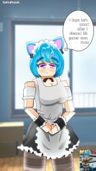 blue_hair blush breasts cat_ears cat_maiden_(pixel_gun_3d) clothed clothing english_text eyebrows_visible_through_hair light-skinned_female looking_down maid pixel_gun_3d purple_eyes speech_bubble text thought_bubble tomahawk_(artist) watermark window