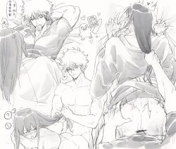 2boys anal anal_sex ass_grab blush braiding_hair clothed_sex condom condom_in_mouth condom_wrapper doggy_style elizabeth_(gintama) from_behind gay gintama gintoki_sakata hair_grab hair_pull implied_anal katsura_kotarou kimono llemonyyyy long_hair long_hair_male male male_only monochrome multiple_scenes sheet_grab sweat toned toned_male tying_hair yaoi