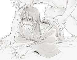 2boys anal anal_sex ass_up bishonen bite_mark blush clothed_sex crying_with_eyes_open doggy_style from_behind functionally_nude gag gagged gay gintama gintoki_sakata implied_anal katsura_kotarou kimono llemonyyyy long_hair_male male male_only monochrome partially_clothed sheet_grab sweat tears waist_grab yaoi