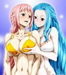 2girls bikini_bra breast_grab female female_only fondling_breast holding_breasts multiple_girls nefertari_vivi nel-zel_formula one_piece princess rebecca_(one_piece) royalty smiling white_bra yellow_bra yuri