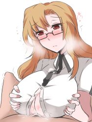 artist_request cum cum_on_breasts cum_on_clothes cum_through_clothes cum_through_tie cum_under_clothes ejaculation ejaculation_between_breasts human kiryuu_moeka large_breasts paizuri paizuri_under_clothes pov steins;gate titfuck_under_clothes titjob