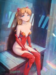 1girls asuka_langley_sohryu bare_hips bare_shoulders bare_thighs bare_waist blue_eyes breasts brown_hair cleavage clothing female female_only high_waisted_thong knees_together_feet_apart legs_together long_hair looking_at_viewer neon_genesis_evangelion plugsuit red_legwear red_thighhighs sleeveless sleeveless_leotard solo solo_female stockings thighhighs thong thong_leotard wide_hips yugen99