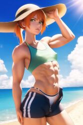 1girls 2020s 2022 abs ai_generated anime armpits asymmetrical_hair bare_shoulders beach bikini breasts cameltoe clothed clothes clothing clouds creatures_(company) dshorts erect_nipples eyebrows eyebrows_visible_through_hair eyelashes female female_only game_freak gen_1_pokemon gym_leader gym_shorts hair hair_tie hat highres hips human human_only kasumi_(pokemon) legs looking_at_viewer manga muscular muscular_female nai_diffusion nintendo nipples ocean open_mouth orange_hair outdoors pokemon pokemon_(anime) pokemon_(classic_anime) pokemon_(game) pokemon_rgby ponytail sand sea shirt short_hair short_shorts shorts side_ponytail sky solo solo_female stable_diffusion straw_hat striped_bottomwear tank_top teenage_girl teenager thighs thong tied_hair tomboy tongue two_tone_bottomwear two_tone_bottomwear_(black&white) unzipped unzipped_bottomwear vagina video_game water wide_hips