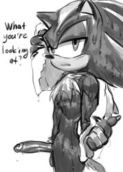 anthro athletic athletic_male casual_nudity dialogue eulipotyphlan genitals hauringu hedgehog hi_res looking_at_viewer male mammal monochrome penis pinup pose sega shadow_the_hedgehog solo solo_focus sonic_(series) sonic_the_hedgehog_(series) talking_to_viewer towel wet