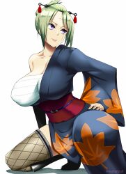 big_breasts blonde_hair boots chonmage cleavage clothed crouching facial_scar female female_only fishnet_thighhighs fishnets full_body gintama hadanugi_dousa hair_ornament hand_on_hip huge_breasts japanese_clothes kimono kunoichi looking_away mattari_yufi obi off_shoulder one_breast_out open_kimono purple_eyes sarashi solo thighhighs thin_waist tied_hair tsukuyo zettai_ryouiki