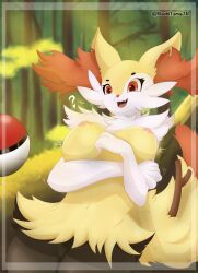 anthro braixen breasts brown_legs canid canine cute_eyes day emoji fakemon female forest forest_background fox fur generation_6_pokemon hi_res humanoid light mammal nachitamajr nature nature_background nintendo nipples nude plant pokémon_(species) pokeball pokemon pokemon_(species) pose red_eyes simple_background solo stick sunlight text tree trunk vaginal_penetration video_games white_body white_fur yellow_body