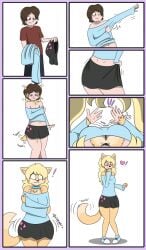 <3 anthro ass_expansion blonde_hair breast_expansion cat_tail expansion feline fox0808 fur furry happy heart human_to_anthro miniskirt mtf_transformation putting_clothes_on skirt tagme tail transformation wholesome