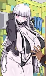 1boy 1girls bangs big_breasts blush cameltoe danganronpa danganronpa:_trigger_happy_havoc embarrassed eyebrows_visible_through_hair faceless_male female female_focus flat_hair gloves kingrangman kirigiri_kyouko naegi_makoto pale-skinned_female pale_skin purple_eyes purple_hair straight_hair sweat sweatdrop swimsuit tagme thick_thighs