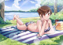 1girls 2020 2020s :) ass barefoot bikini breasts brown_hair cloud day detailed_background female forest full_body grass lake legs_crossed looking_at_viewer luna_loud nature on_stomach outdoors picnic short_hair sky sly_(artist) small_breasts smile solo swimsuit the_loud_house toes tree very_short_hair