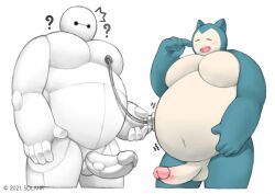 2boys anthro baymax belly big_hero_6 chubby crossover erection male male_only marvel marvel_comics penis pokémon_(species) pokemon robot snorlax solahr white_background